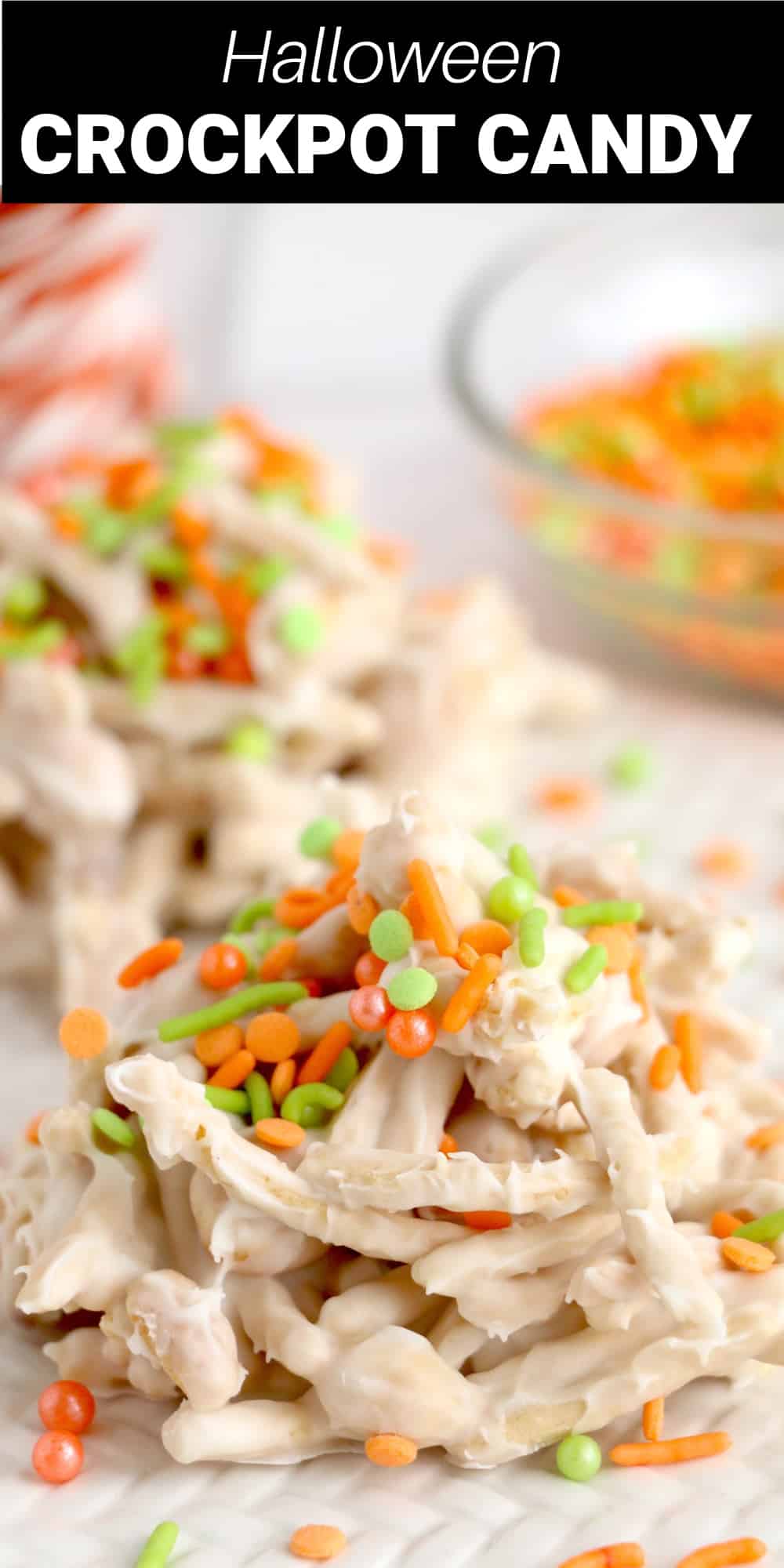 This easy Halloween Crock Pot candy is a simple and delicious party treat that’s so much prettier and tastier than store bought candy. Crunchy chow mein noodles and salty roasted peanuts are covered in sweet and creamy white chocolate, then formed into clusters and decorated with festive Halloween sprinkles. 