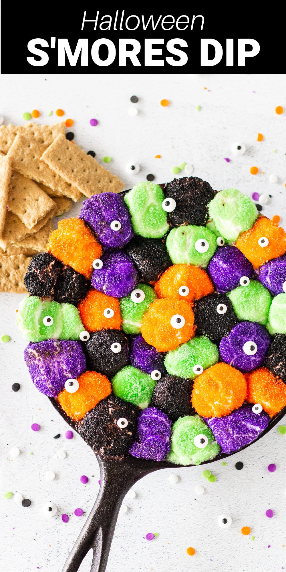 This easy Halloween s’mores dip is the perfect colorful Halloween dessert that combines creamy chocolate, fluffy marshmallows, and graham crackers to make the most fun Halloween treat in under 10 minutes. 
