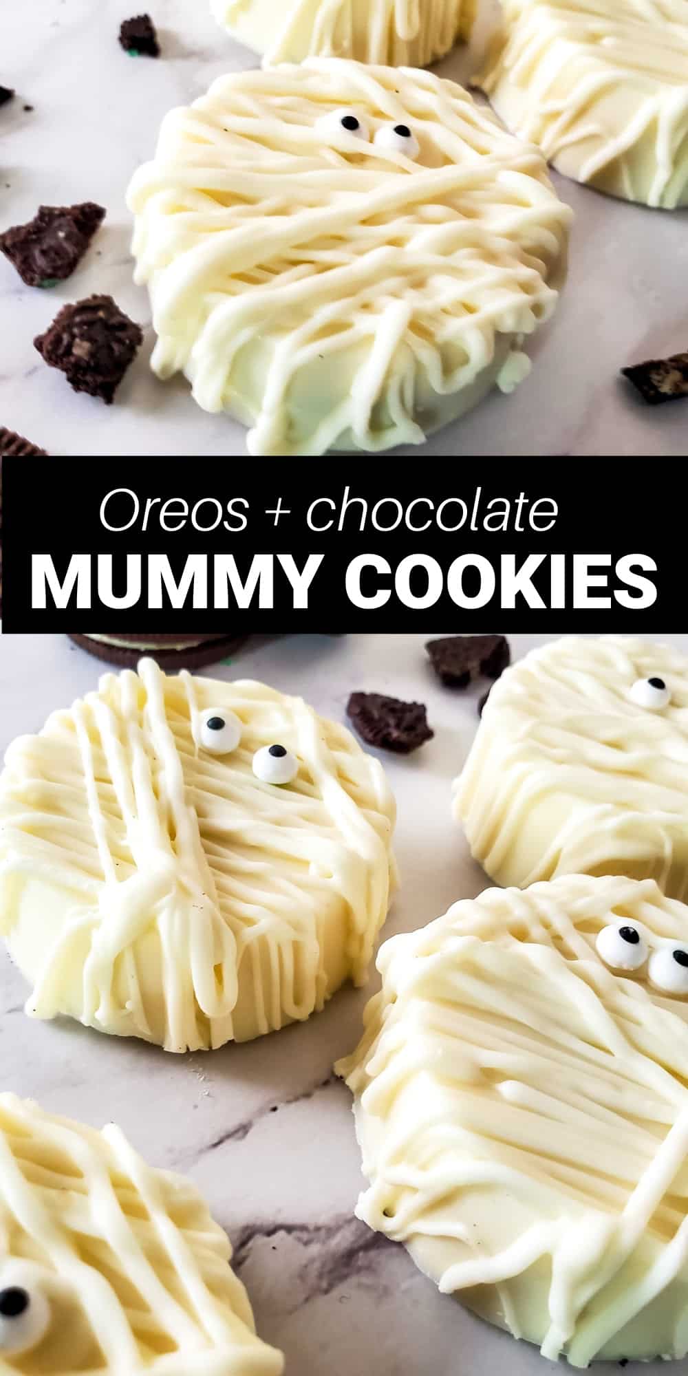 This easy no bake treat is the cutest Halloween dessert perfect for any party. Oreo cookies are covered in white chocolate with cute candy eyes. It's a perfect treat to get the kids to help with. 