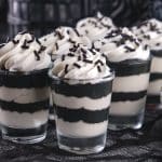 black and white layered pudding shots in rows