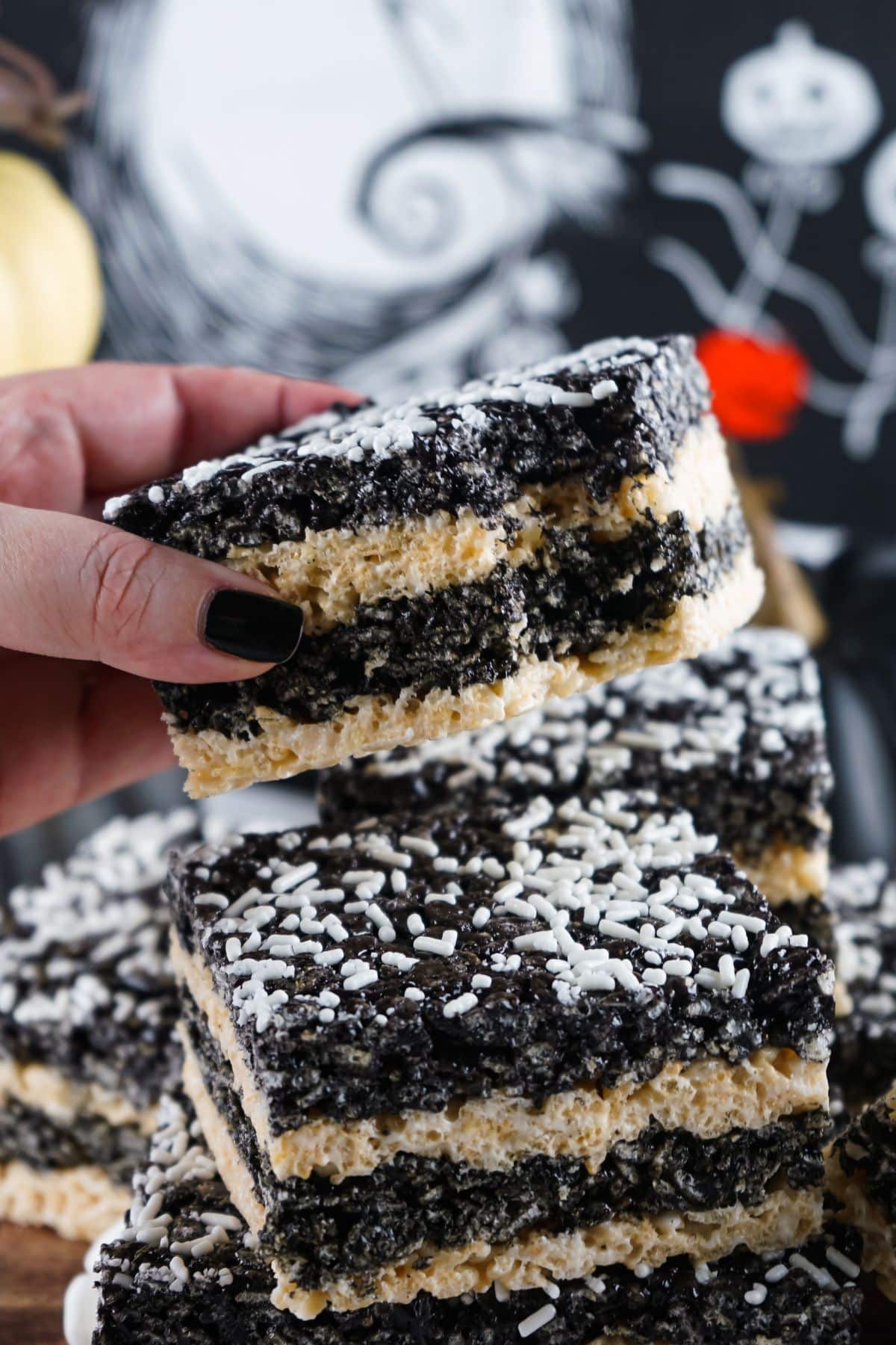 black and white rice krispies treats with bite out