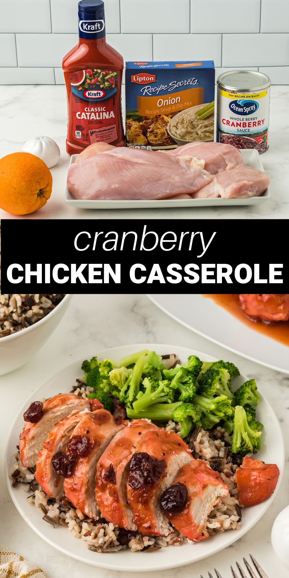 This cranberry chicken casserole is a delicious and easy dinner that’s perfect for those chilly fall and winter nights. Chicken breasts are topped with a sweet and tangy cranberry orange sauce and baked to tender and juicy perfection, then served over white or brown rice, for a hearty and flavorful meal that the entire family will love.