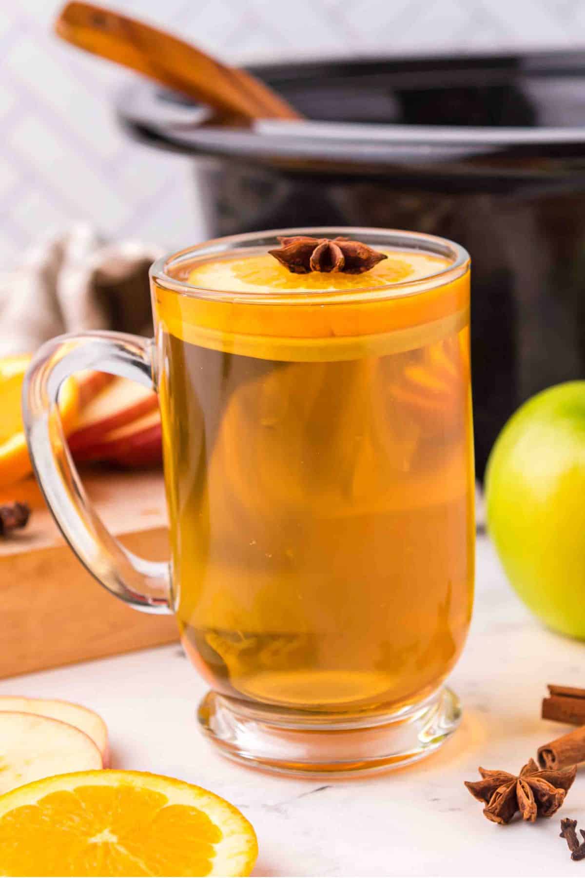 clear mug with hot apple cider topped with orange slice and a clove