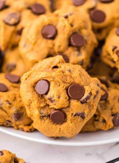 fluffy pumpkin cookies with chocolate chips on white plate