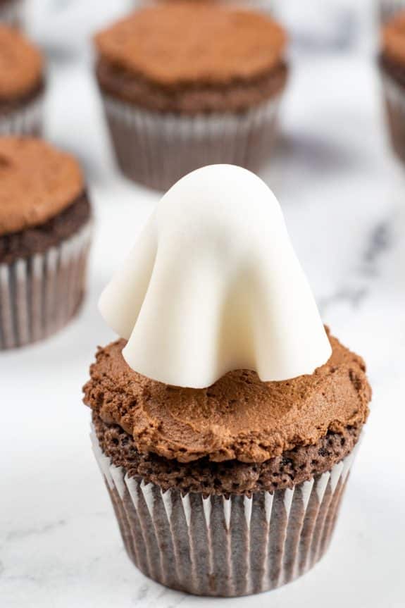 white fondant on lollipop on top of chocolate cupcake
