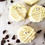white chocolate mummie Oreo cookies with candy eyes