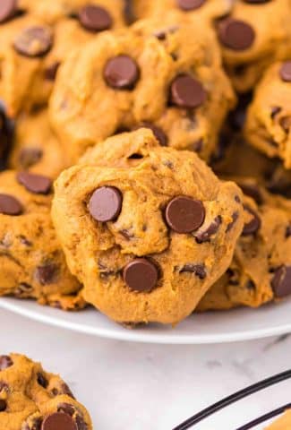 fluffy pumpkin cookies with chocolate chips on white plate