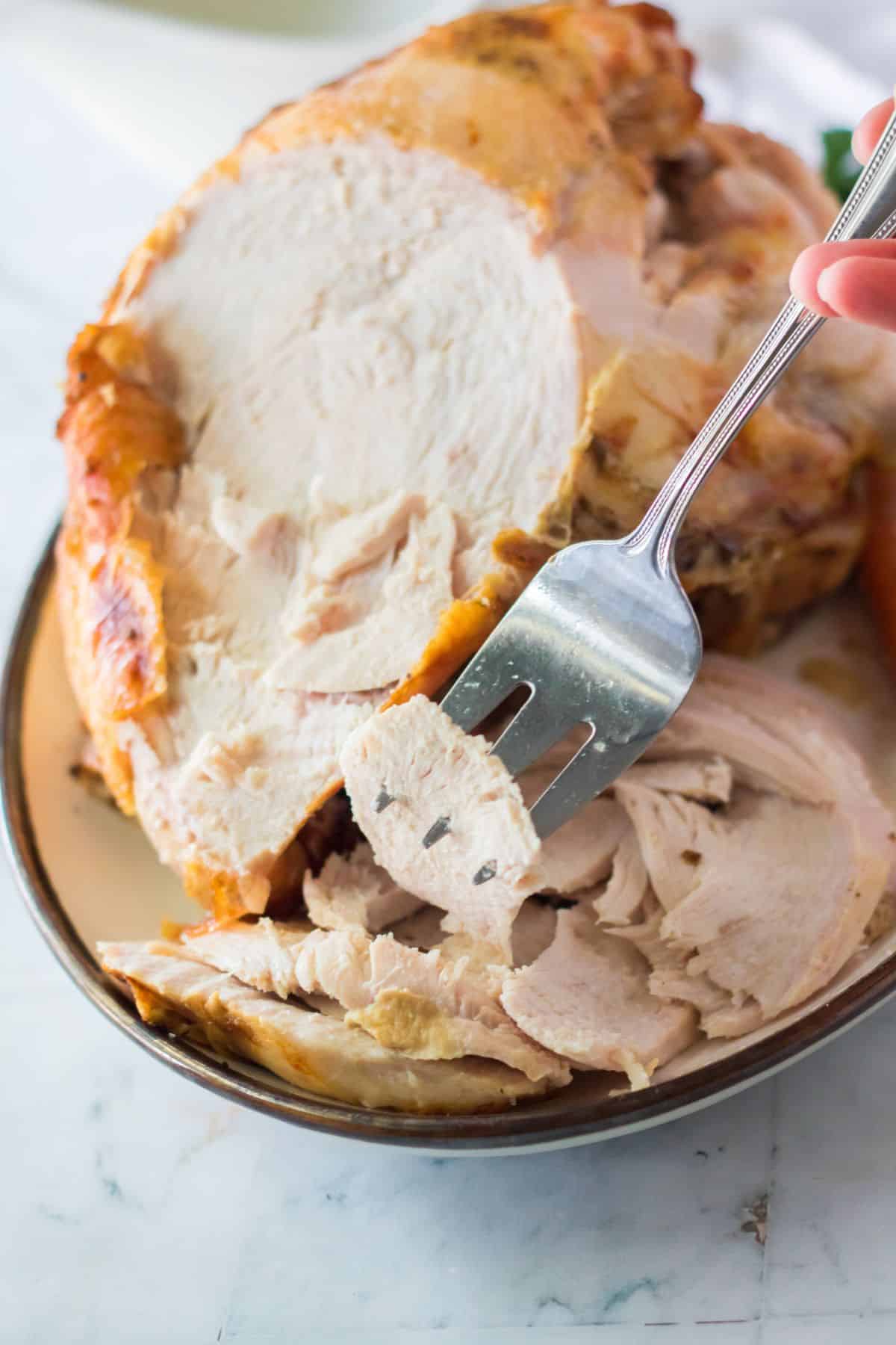 carved turkey on plate with fork