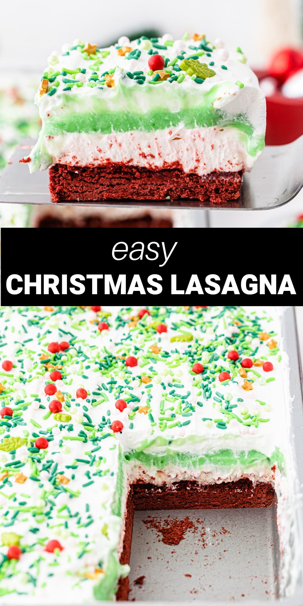 Treat your guests to this rich and delicious Christmas Lasagna. With decadent layers of moist red velvet cake, creamy vanilla pudding, and a sweet cheesecake mixture this festive dessert is guaranteed make a statement at any Christmas dinner or holiday gathering!