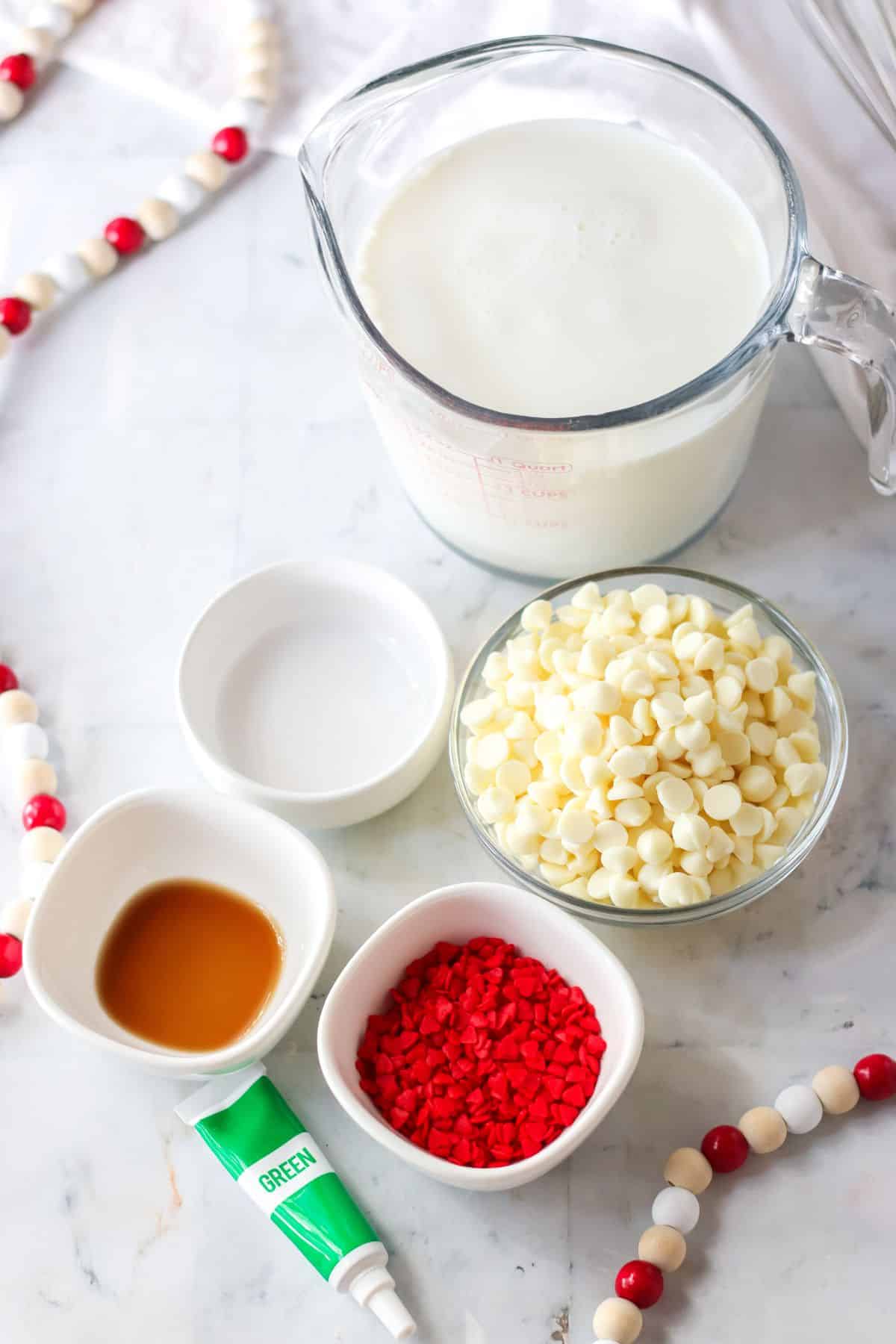 ingredients on white counter with Christmas beads