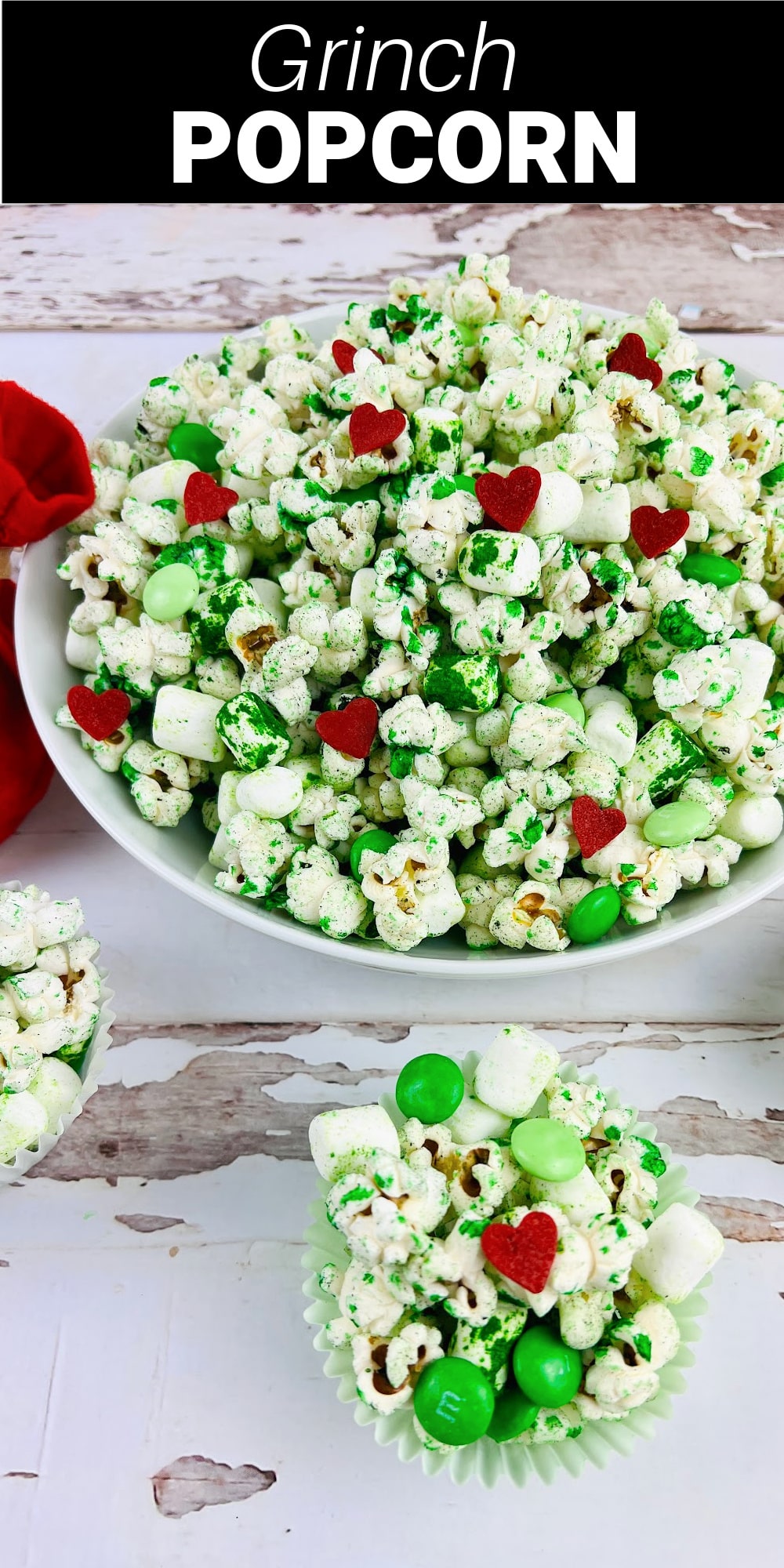 This Grinch popcorn is a festive and delicious snack that deserves a spot in all your holiday family fun. Freshly popped corn is colored a bright shade of Grinch green and topped with mini marshmallows, M&Ms, and adorable tiny red heart candies. It’s an addictively delicious combination of sweet and salty flavors in a cute and fun holiday package.