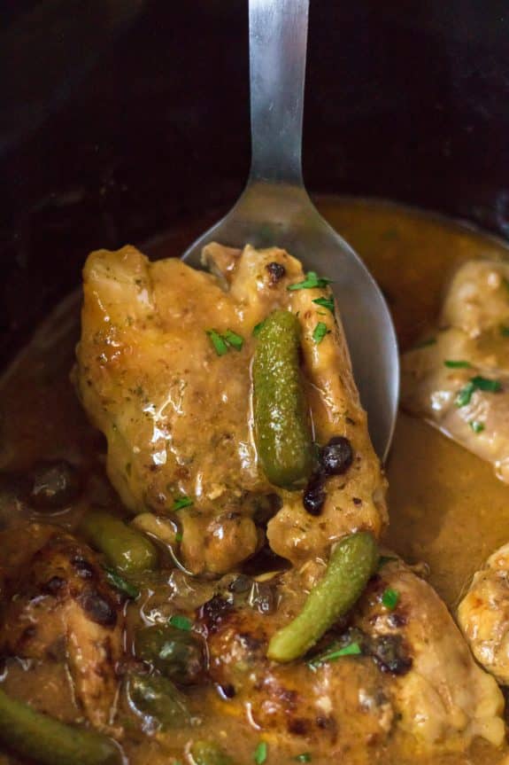 A spoonful of slow cooker pickle chicken