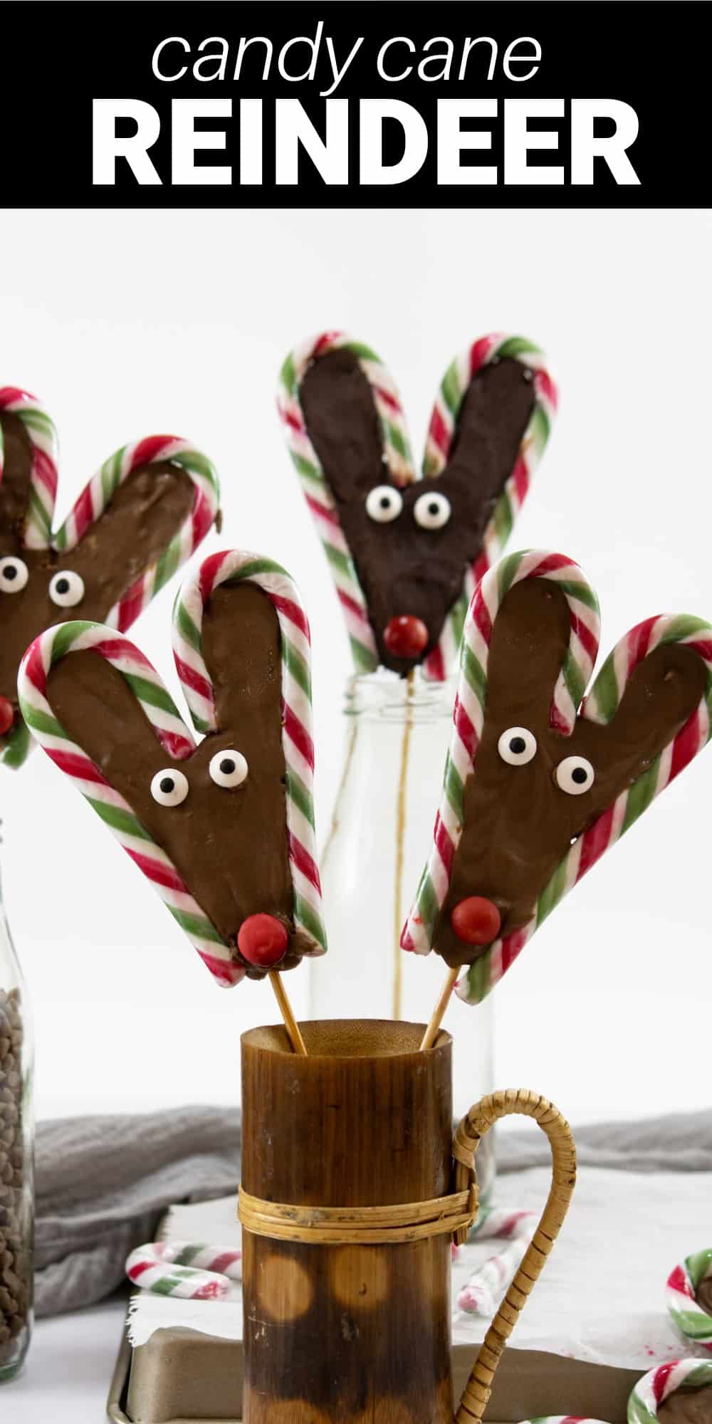 These adorable candy cane reindeer may just be the cutest treat you’ll make this holiday season. Melted chocolate and candy canes are used to form festive reindeer faces, complete with candy eyeballs and an M&M nose! The treats are served on sticks, for a lollipop-like candy dessert that will be a huge hit with kids and adults alike.