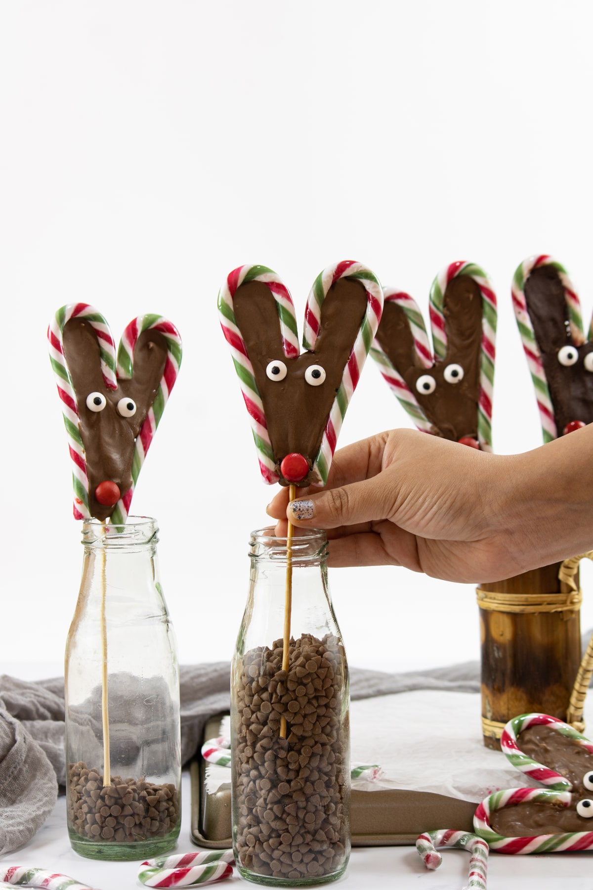 Candy Cane Reindeer with chocolate jars