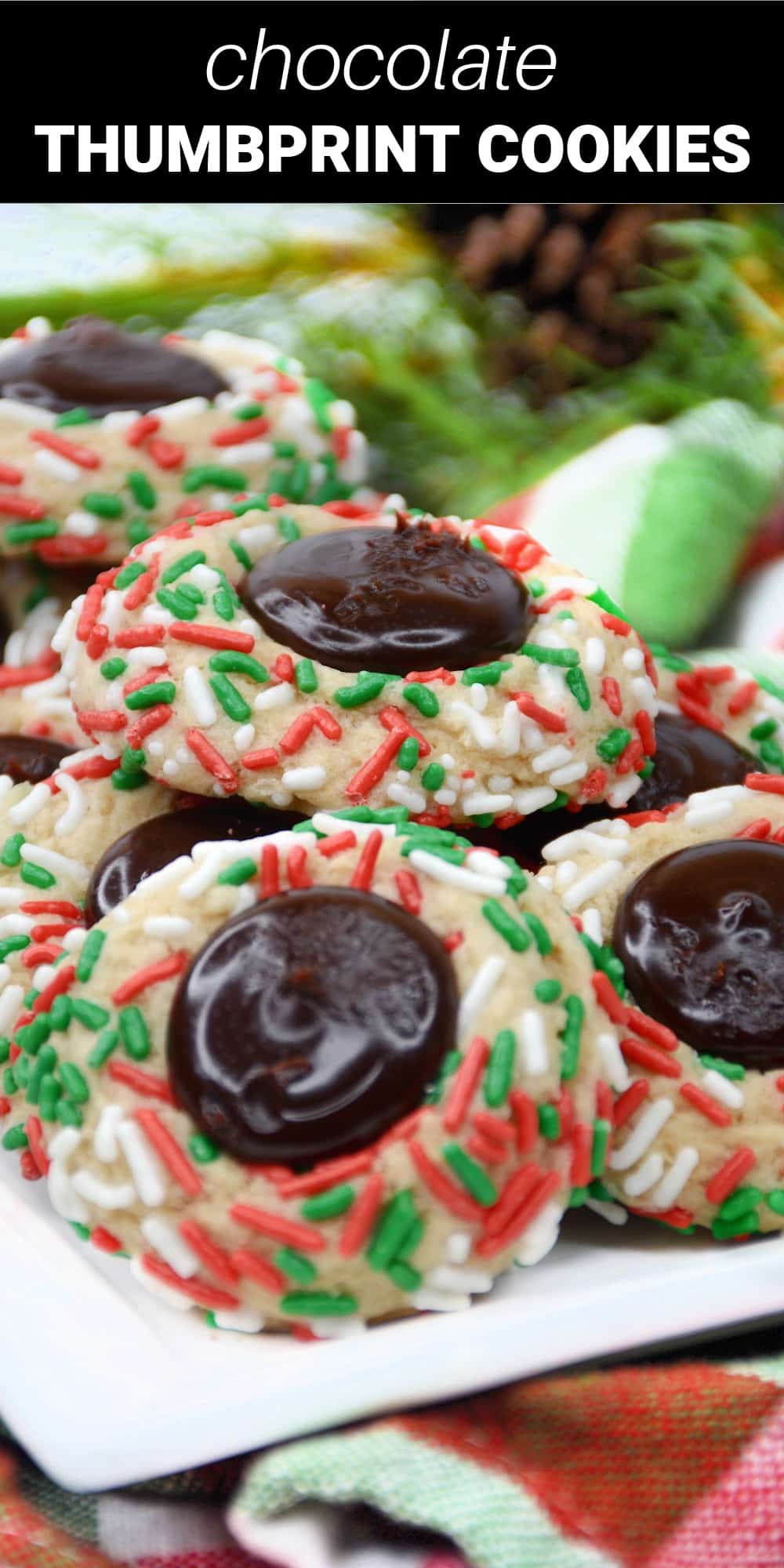 These chocolate thumbprint cookies are an irresistible treat that’s perfect for all your holiday parties. Sweet sugar cookies are covered with bright red and green sprinkles and topped with a rich and creamy chocolate ganache. It’s a fun and festive cookie that’s both beautiful and incredibly delicious.