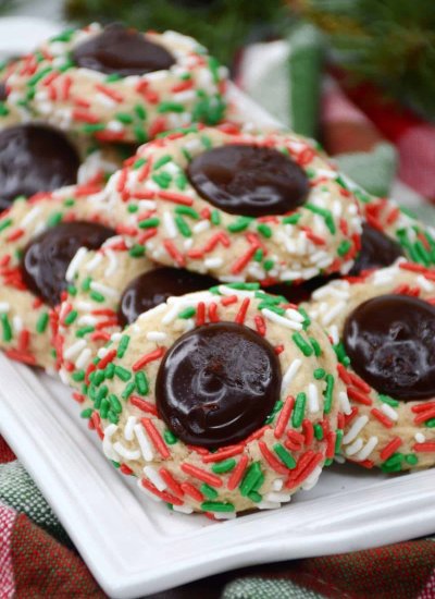 chocolate thumbprint cookies with red and green sprinkles