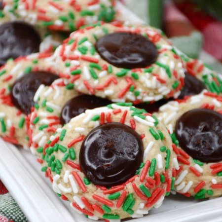 chocolate thumbprint cookies with red and green sprinkles
