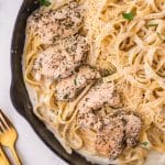 skillet with chicken and pasta