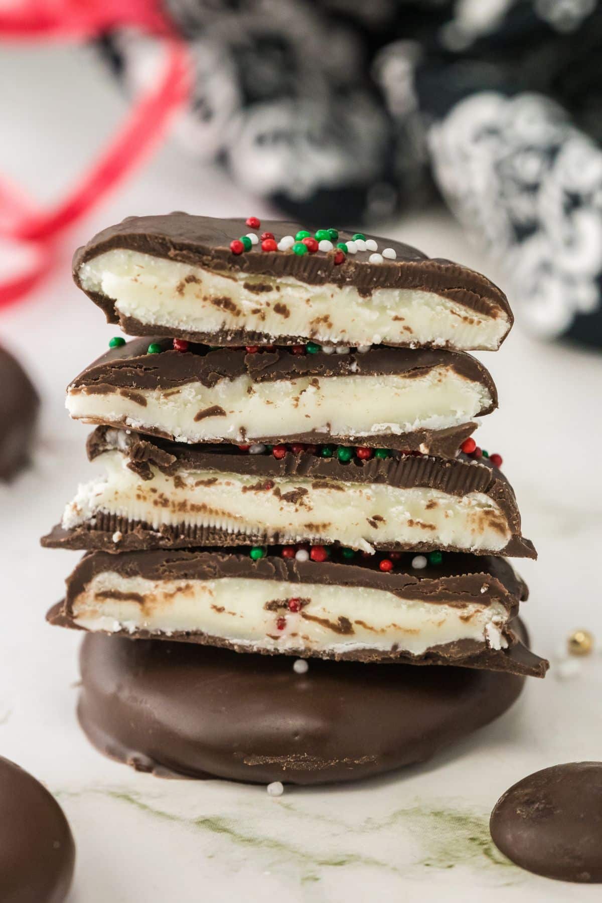 peppermint patties cut in half and stacked