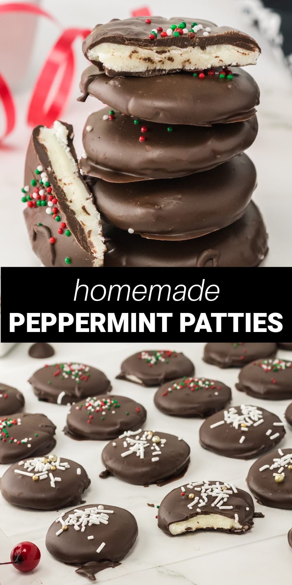 Festive Homemade Peppermint Patties have a delicious, cool and creamy peppermint center, a rich dark chocolate coating and are finished with colorful holiday sprinkles. These minty mini treats are a super easy, no-bake treat that are perfect for parties, gift giving or simple holiday snacks!