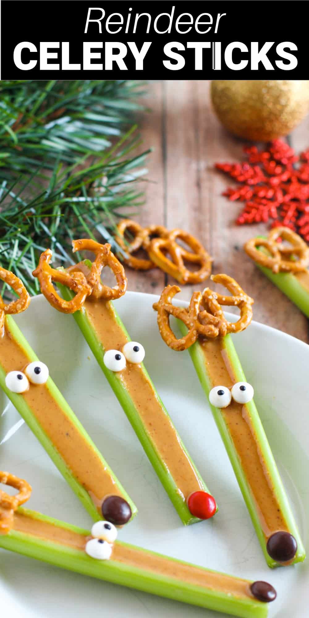 These cute reindeer celery sticks will turn your afternoon snack into a fun holiday treat. Crunchy peanut butter-filled celery sticks are transformed into adorable reindeer with the addition of pretzel antlers, M&M noses, and candy eyes. Getting your kids to eat a healthy snack has never been easier, and they can even help you make it!