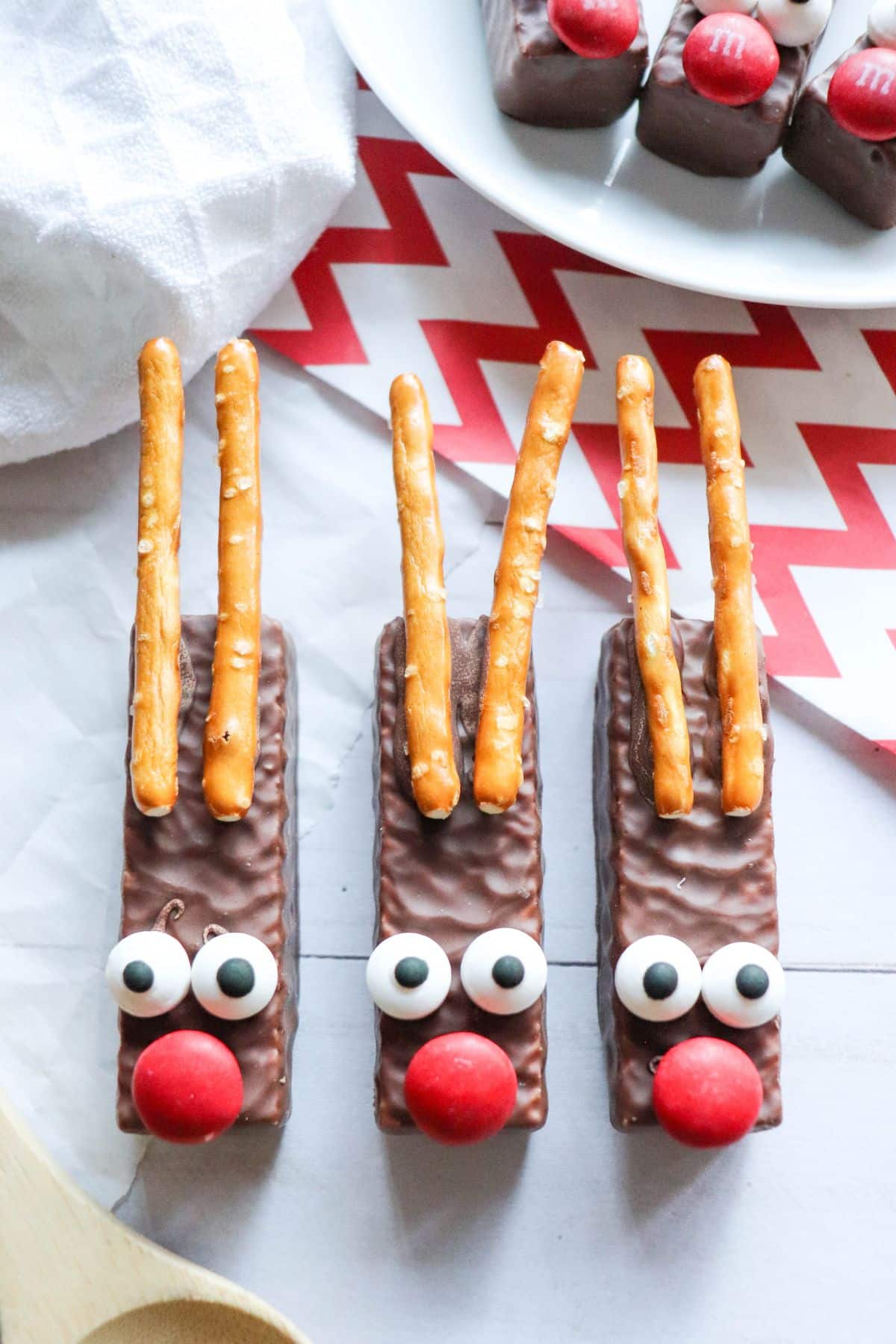 chocolate wafers with pretzel ears, googly eyes an a red M&M nose