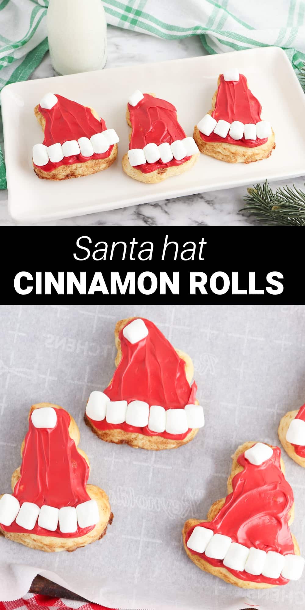 These adorable Santa Hat Cinnamon Rolls make a super festive Christmas morning breakfast. Made with canned cinnamon rolls and a couple of decorative finishes, they're so much fun to make and so easy that they're the perfect activity for kids too! Just bake the cinnamon rolls and let their little hands to go work. 
