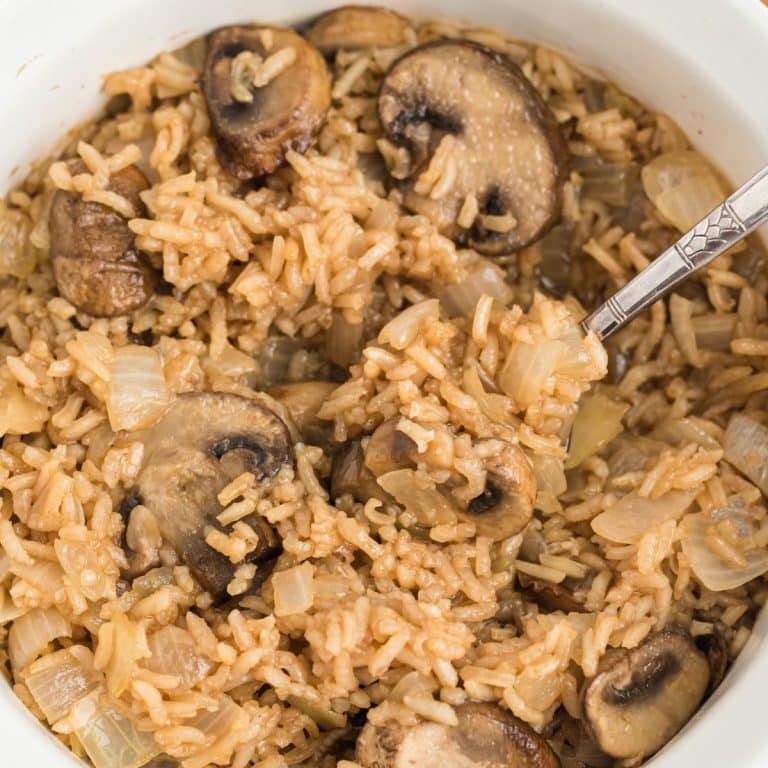 brown rice and mushrooms in casserole dish
