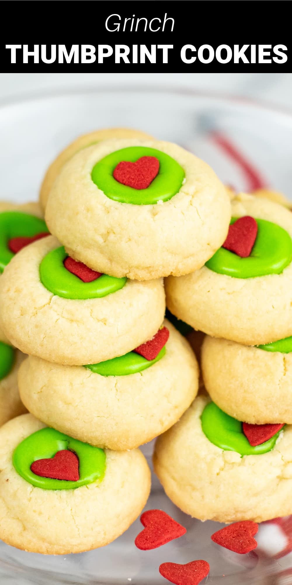 Grinch-inspired sugar thumbprint cookies. 