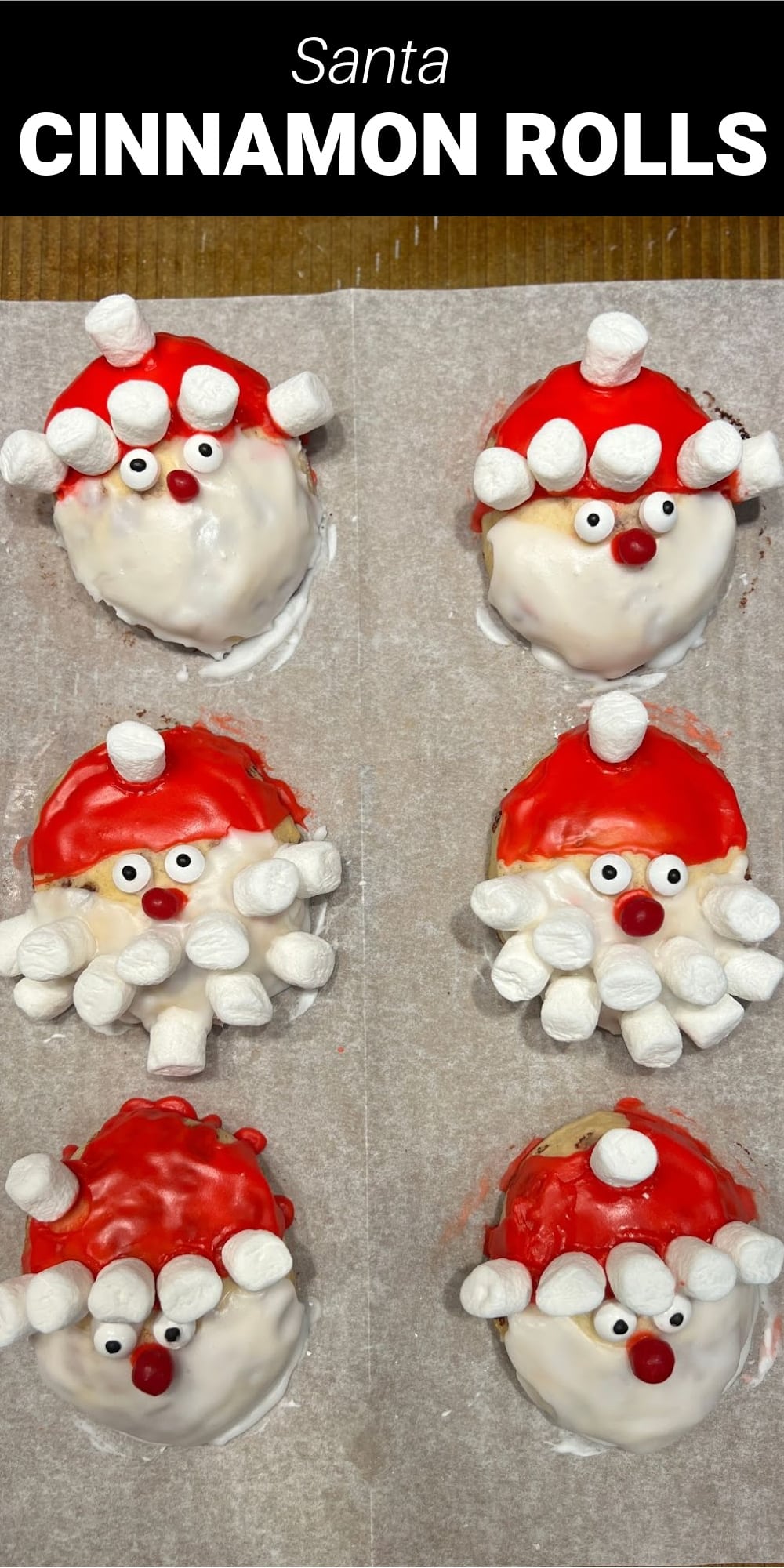 These Santa cinnamon rolls are a cute and festive breakfast that the whole family will love. Soft and warm cinnamon rolls with plenty of sweet and creamy icing are decorated to look like adorable Santa faces. From the red frosting hat to the candy eyes to the mini marshmallow beards, these sweet treats are sure to make everyone smile!