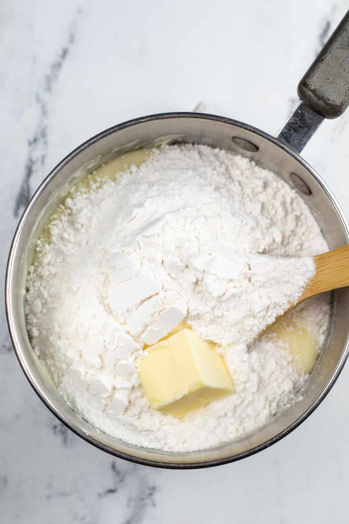 sugar cookie mix and butter in milk mixture