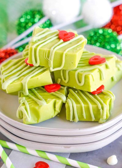 stacked green grinch fudge with red heart