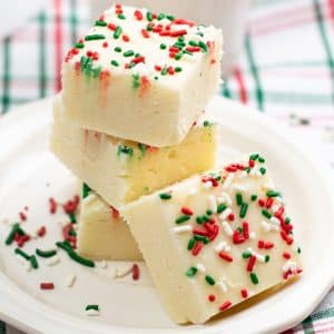 stacked white chocolate sugar cookie fudge pieces