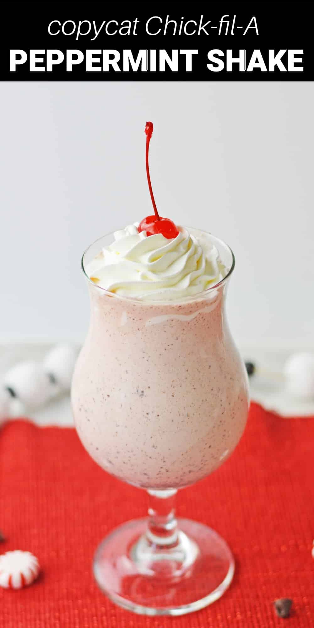 This copycat Chick-fil-A peppermint shake is a delicious treat, and a perfect stand in for the restaurant version that’s only available for a limited time around the holiday season. Rich and creamy vanilla ice cream is blended with cool peppermint extract, crushed candy canes, and sweet chocolate chips for a thick and delicious shake that you can make any time you want.