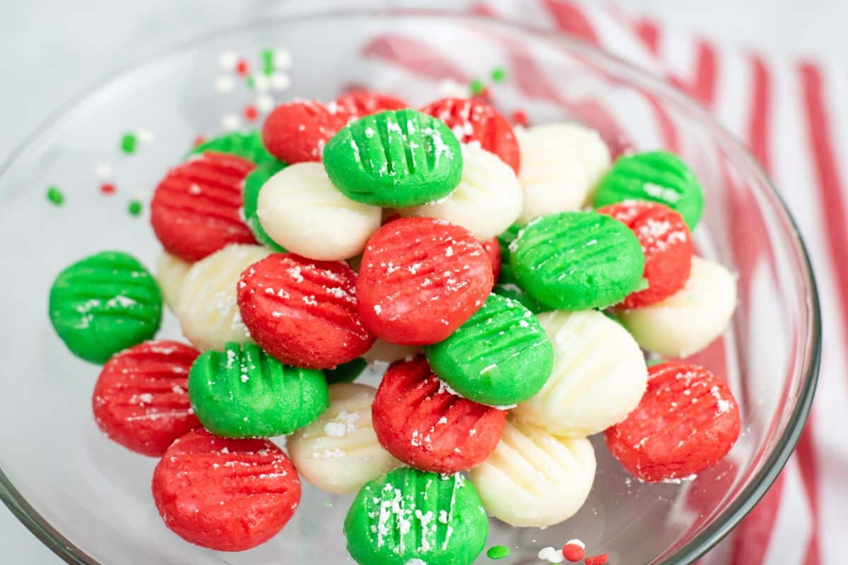 plate with green, red, and white cream cheese mints