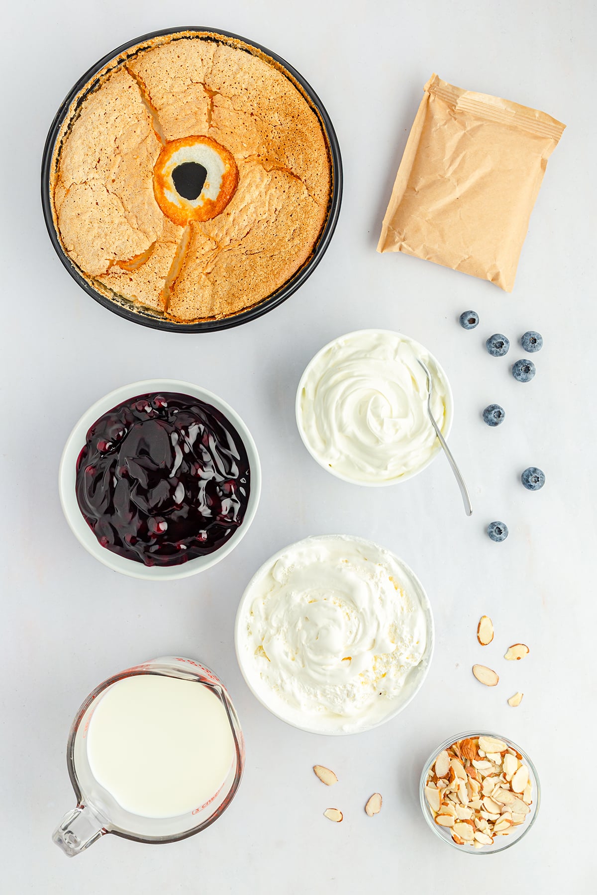 Cake ingredients presented in a creative arrangement