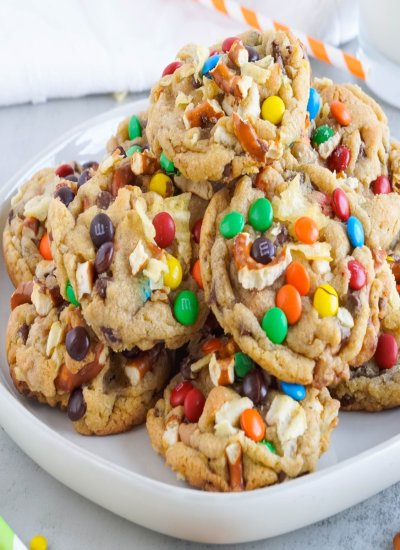 Stacks of kitchen sink cookies on a dish
