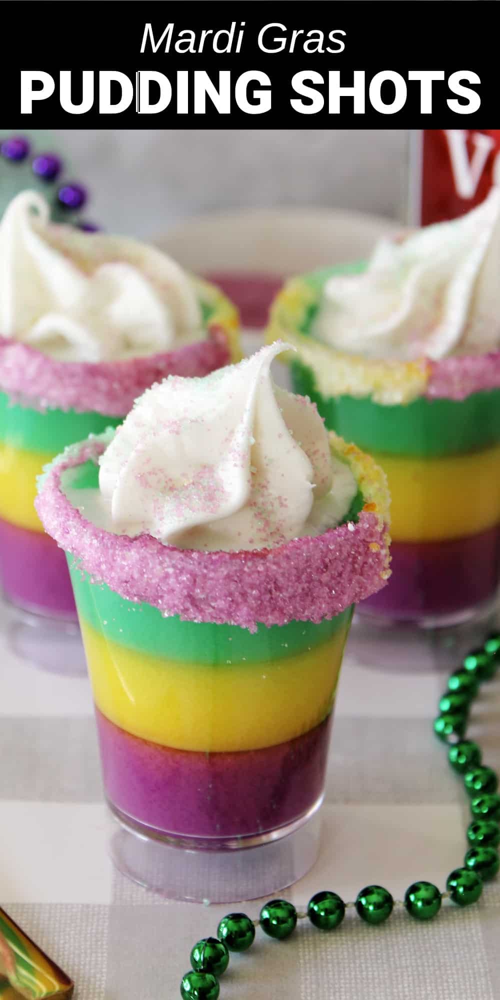 These striking and colorful Mardi Gras shots are just the treat you need for your next Mardi Gras party. And if you’ve never had a Mardi Gras party, this fun and easy recipe might just inspire you to throw one!