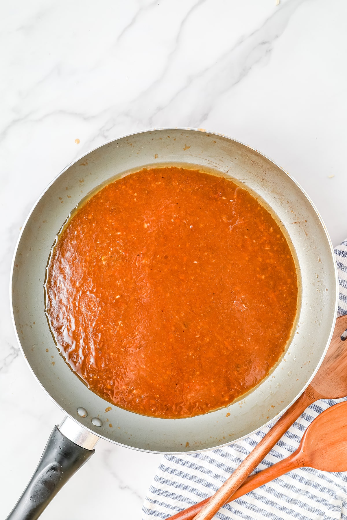 Thickened Mongolian sauce in a skillet