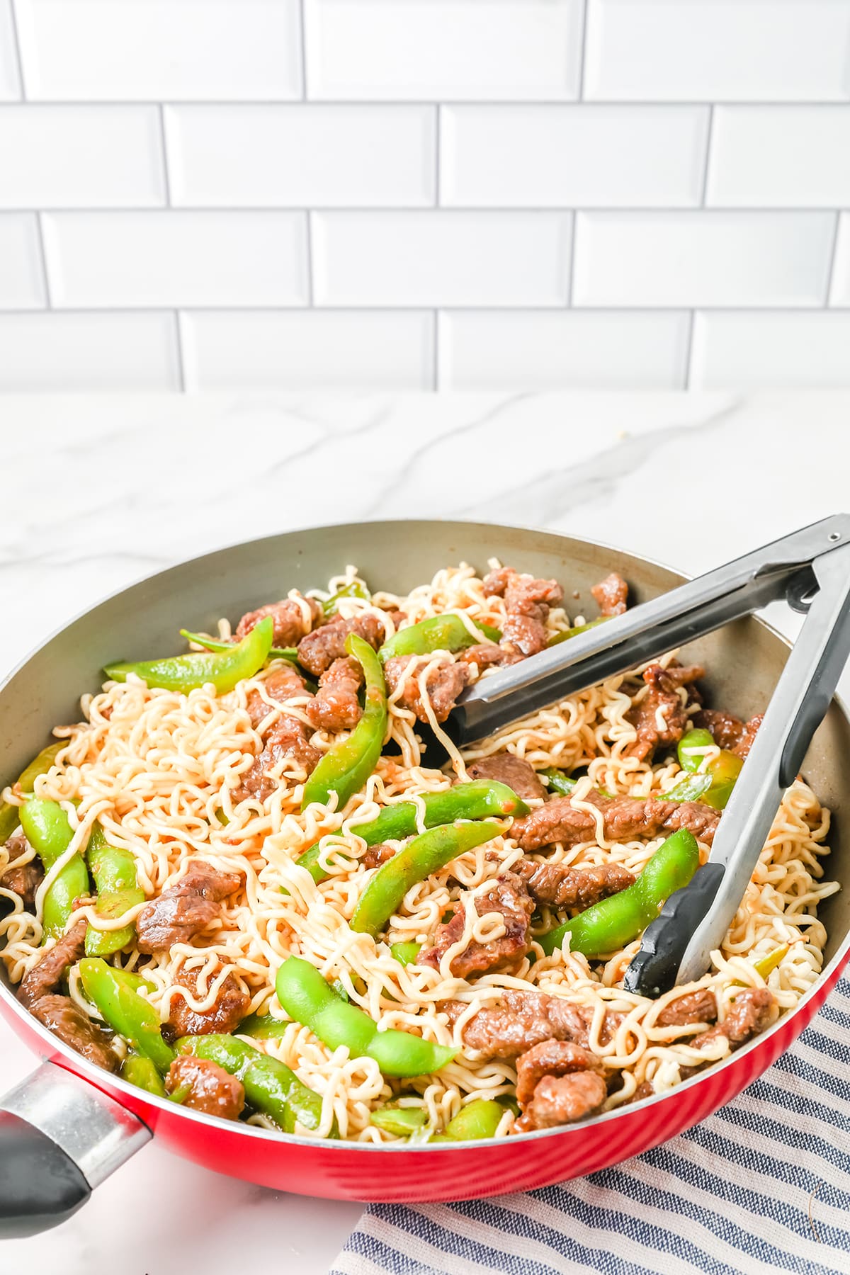 Mongolian beef stir fry with added ramen noodles