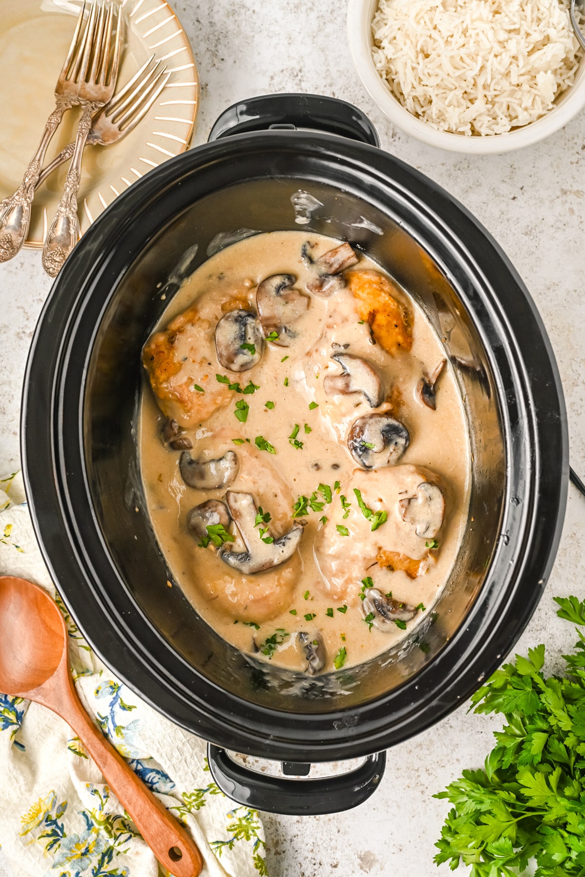 The chicken marsala pot in a table setting