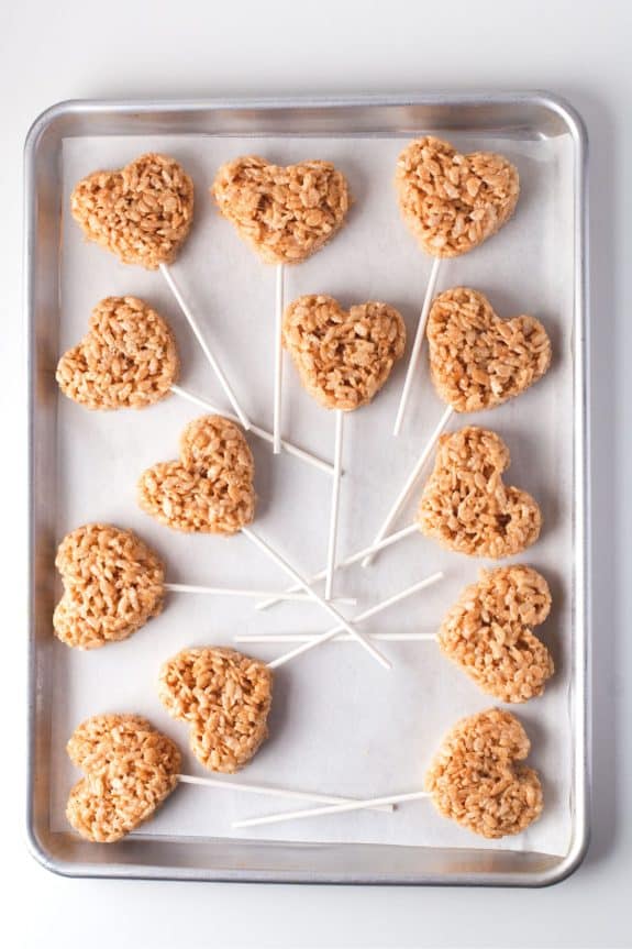 heart shapes on sticks on pan