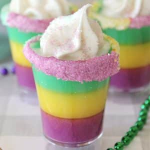 colorful Mardi Gras pudding shots