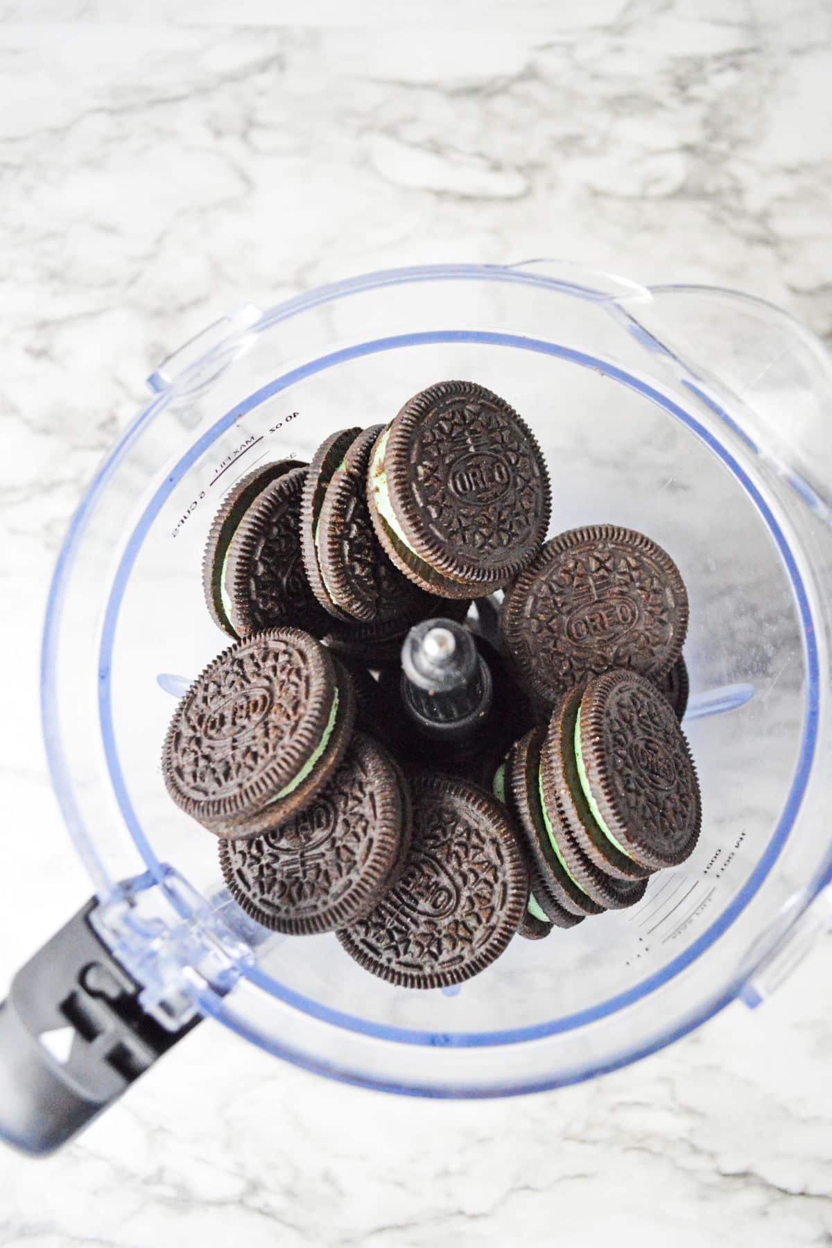 mint Oreo cookies in a food processor