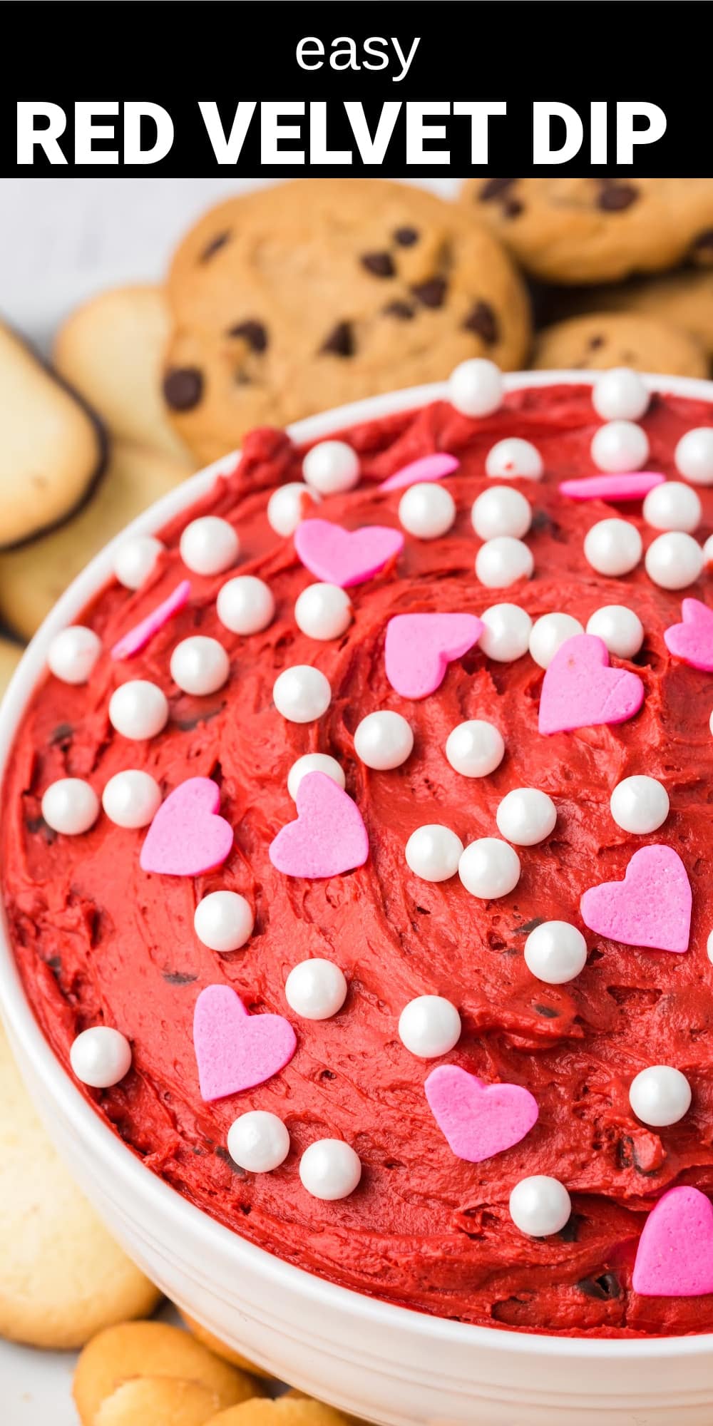 This easy Red Velvet Dessert Dip is the perfect party food or sweet treat to serve with cookies, graham crackers, or your favorite fruit. Loaded with red velvet flavor and studded with chocolate chips, this rich and creamy dip is completely irresistible.