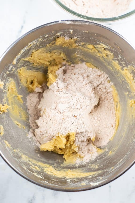 combining the butter mixture with the dry ingredients