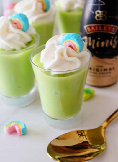 green pudding in shot glass