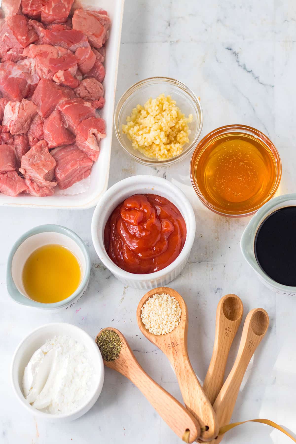 Raw ingredients of the slow cooker honey garlic steak bites