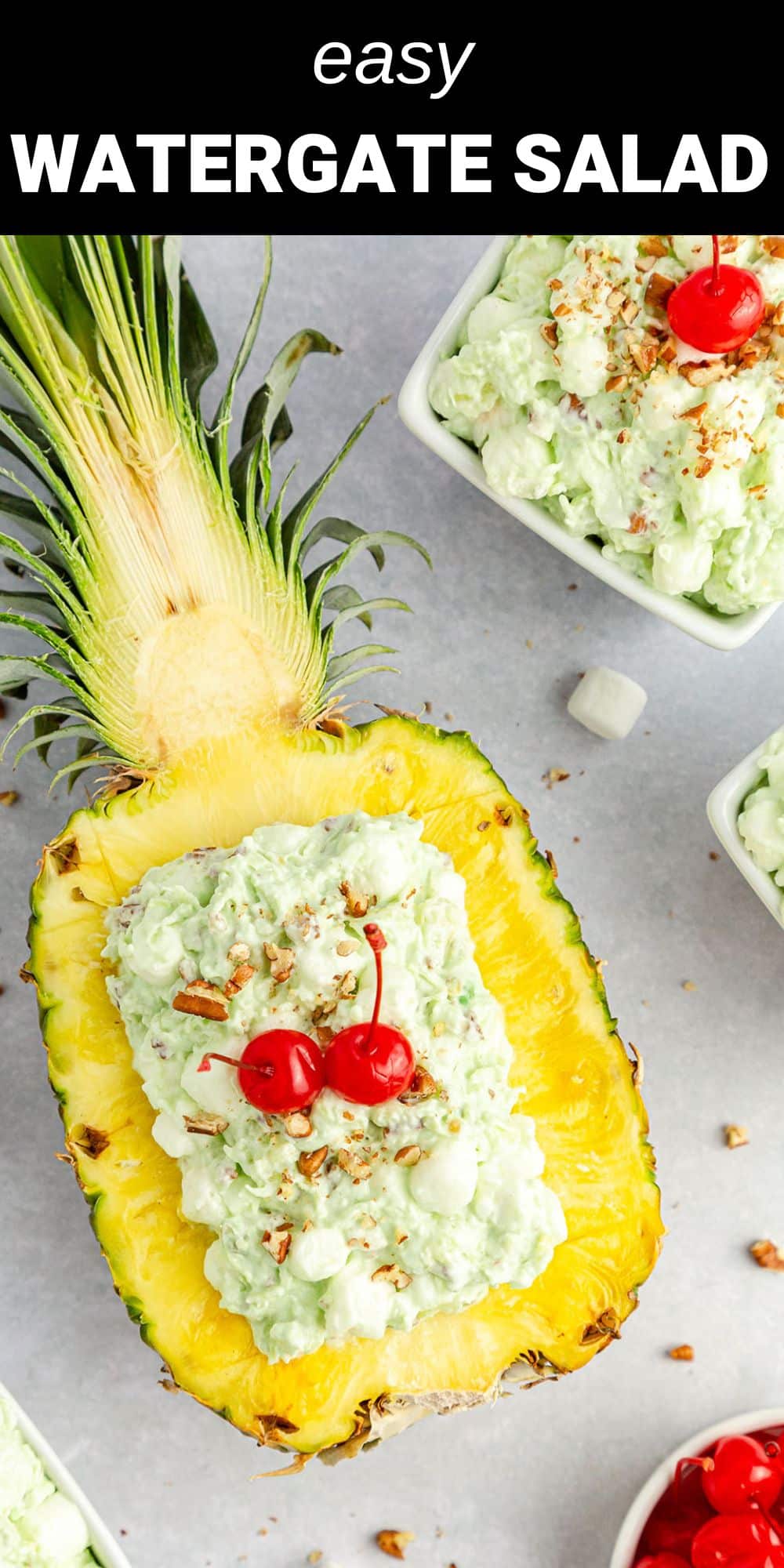 This Watergate Salad recipe combines juicy pineapple, creamy pistachio pudding, fluffy marshmallows, and cool whipped topping. It’s a sweet and delicious retro dessert salad that’s perfect for the holidays, warm summer months or any time of the year.