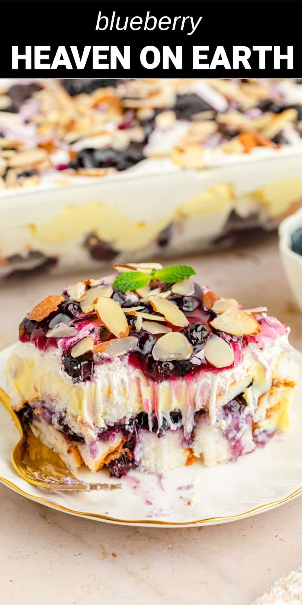 This amazing Blueberry Heaven on Earth Cake is so easy to make, featuring pieces of pre-made angel food cake, layered with sweet vanilla pudding, blueberry pie filling, and fluffy whipped topping. It's an incredibly light, creamy, and sweet dessert that's perfect for any occasion.